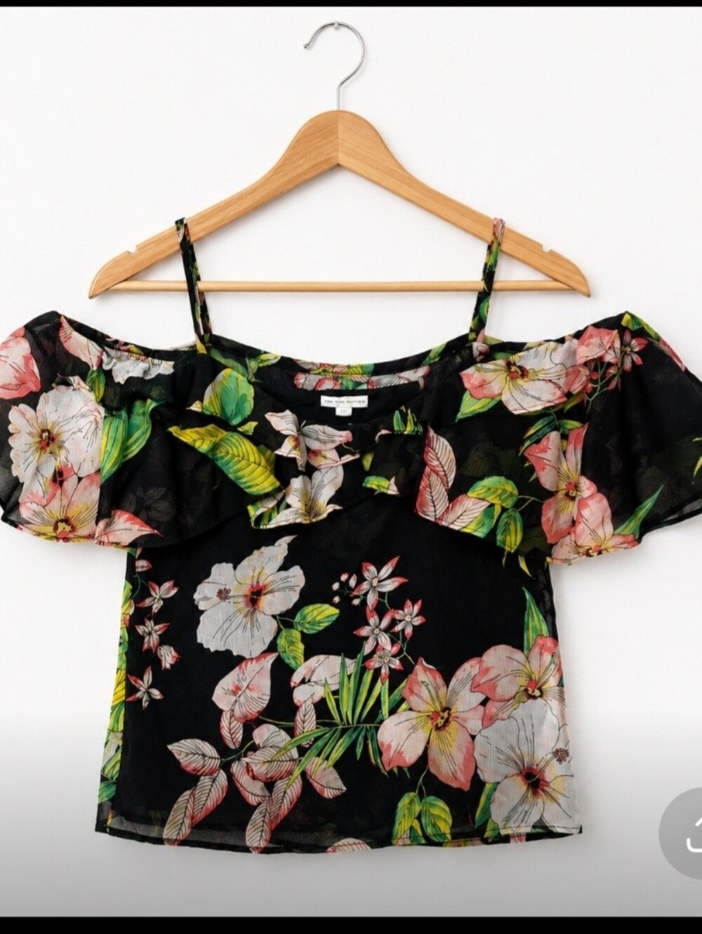 New York & Company Black Floral Off-Shoulder Cami with Pink and Green Blooms